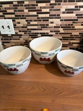 Vintage Ceramic Mixing Bowls with Red Apple Motif - Set of 3